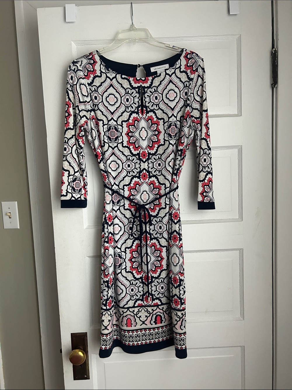 Liz Claiborne Navy, White & Red Printed Tie-Waist Midi Dress